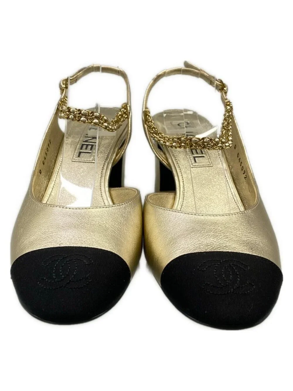Chanel Sandals Gold Black Chain Slingback Bicolor Lambskin